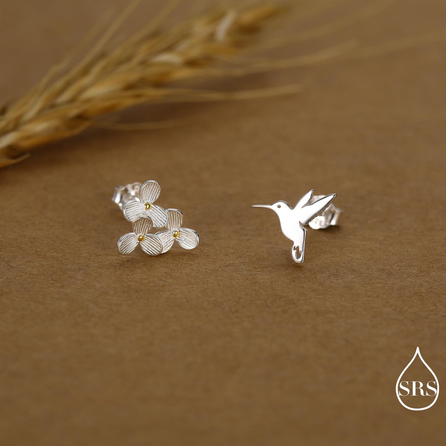 Mismatched Hummingbird and Hydrangea Flower Stud Earrings in Sterling Silver, AsymmetricFlower and Hummingbird Earrings