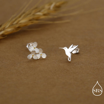 Mismatched Hummingbird and Hydrangea Flower Stud Earrings in Sterling Silver, AsymmetricFlower and Hummingbird Earrings