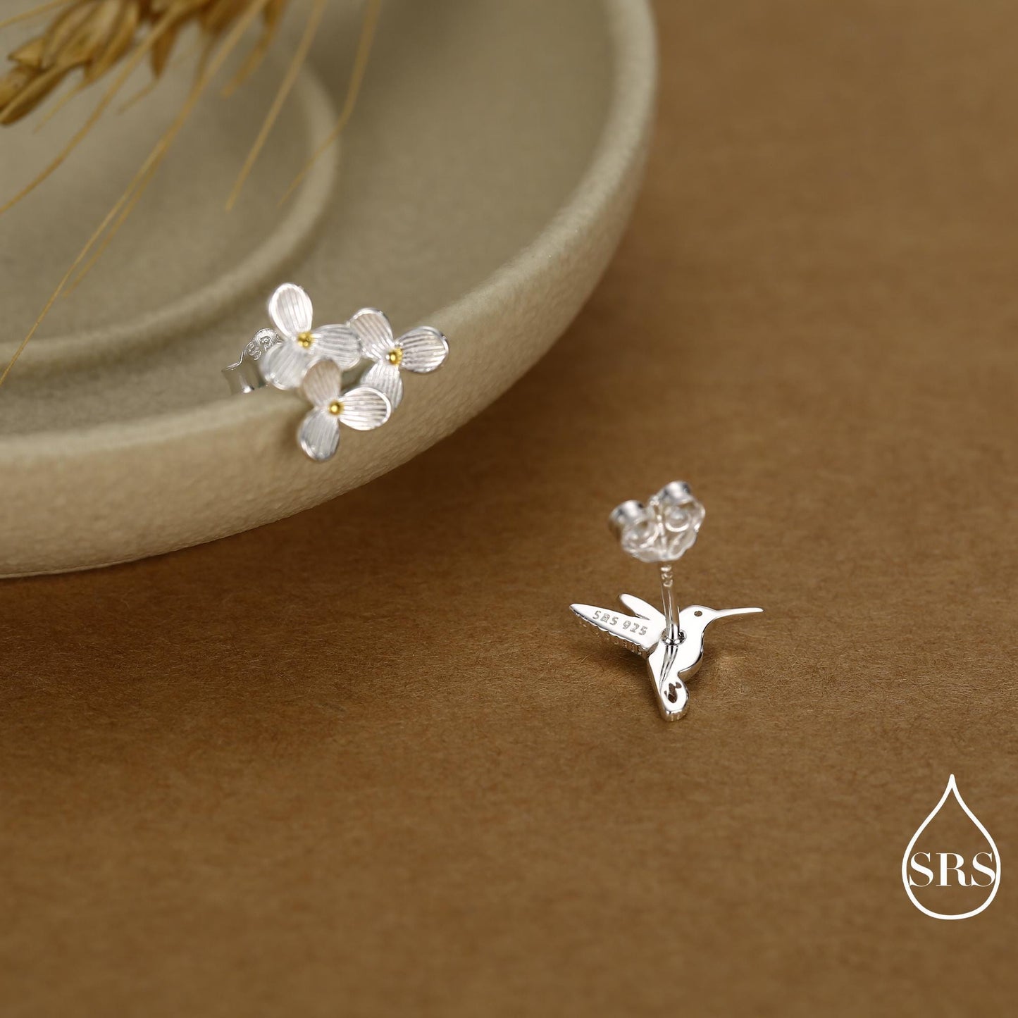 Mismatched Hummingbird and Hydrangea Flower Stud Earrings in Sterling Silver, AsymmetricFlower and Hummingbird Earrings