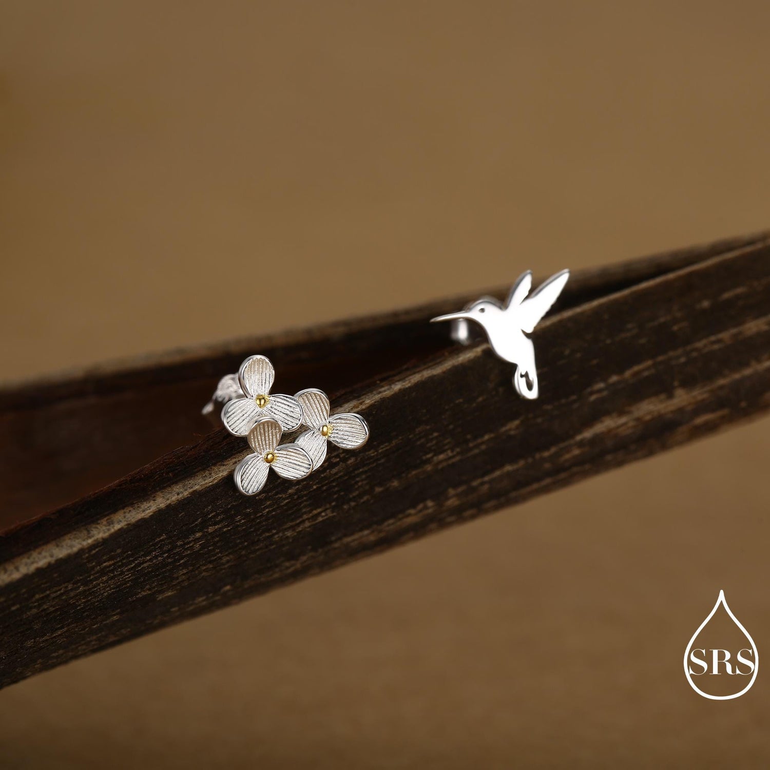 Mismatched Hummingbird and Hydrangea Flower Stud Earrings in Sterling Silver, AsymmetricFlower and Hummingbird Earrings