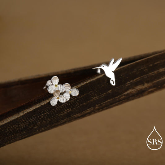 Mismatched Hummingbird and Hydrangea Flower Stud Earrings in Sterling Silver, AsymmetricFlower and Hummingbird Earrings