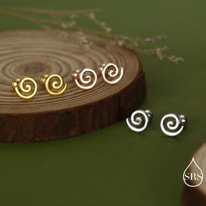 Koru Circle Spiral Internally Threaded Flat Back / Screw Back / Stud Earrings in Sterling Silver - Infinity Swirl Māori Art Stud Earrings