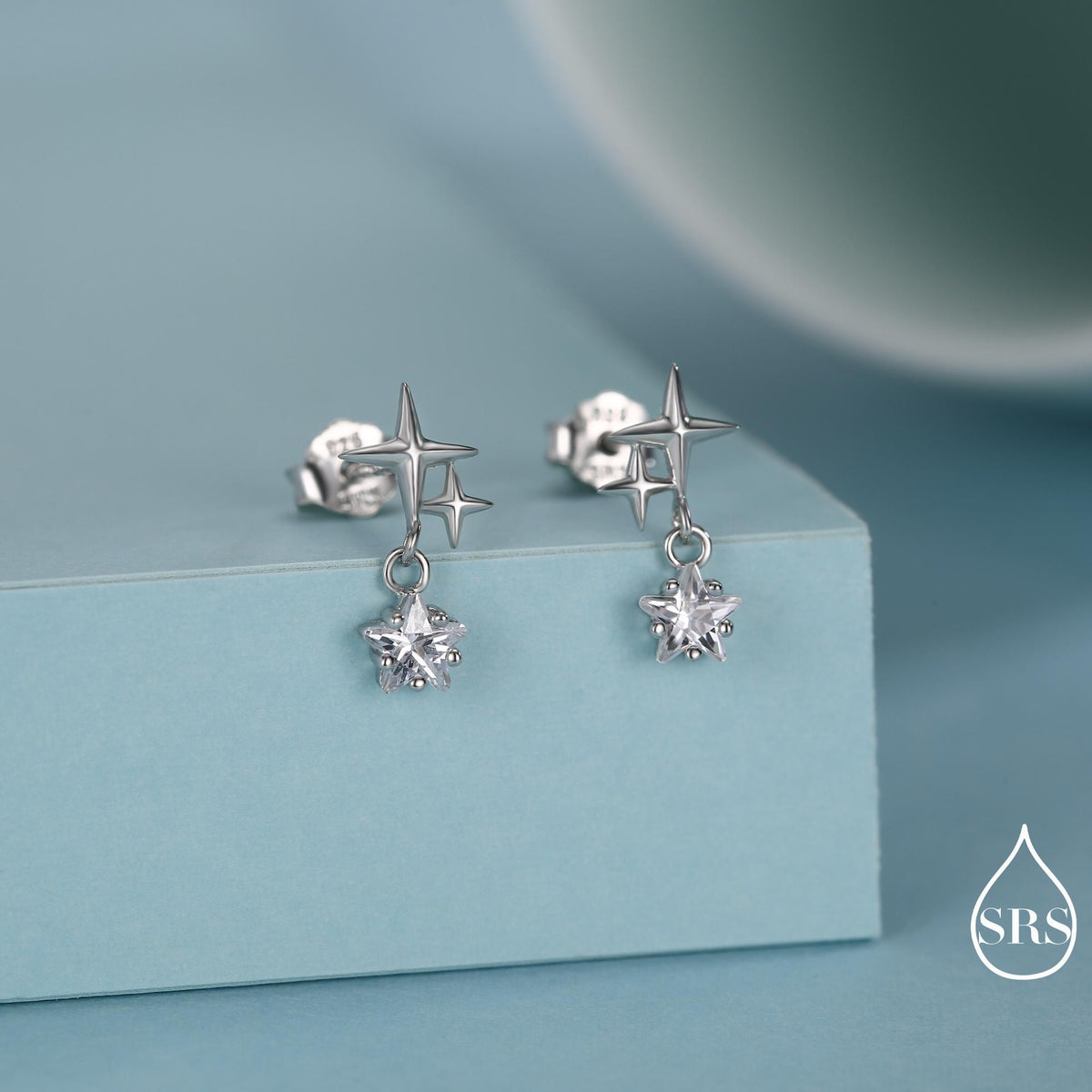 Tiny Star and Dangle CZ Stud Earrings in Sterling Silver, Silver or Gold, Aurora Star Earrings, Sunburst Earrings, Celestial