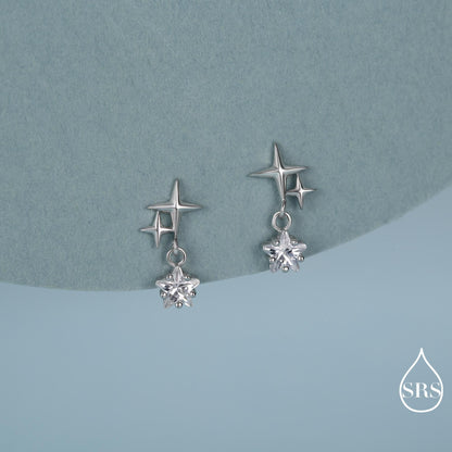 Tiny Star and Dangle CZ Stud Earrings in Sterling Silver, Silver or Gold, Aurora Star Earrings, Sunburst Earrings, Celestial