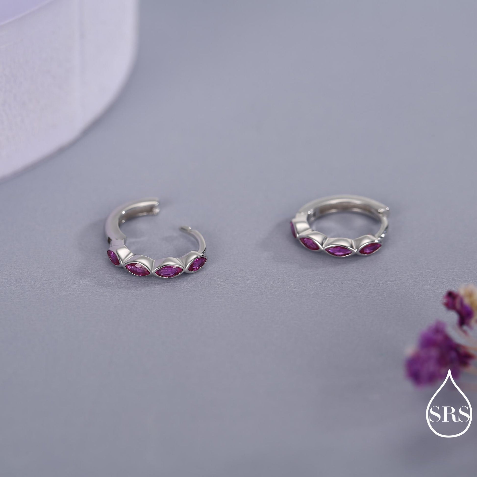 Ruby Pink Marquise CZ Huggie Hoop in Sterling Silver, Silver or Gold, Minimalist Simple Pink Hoop Earrings, Ruby Red