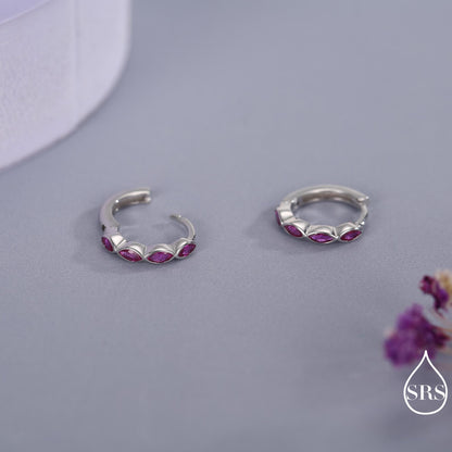 Ruby Pink Marquise CZ Huggie Hoop in Sterling Silver, Silver or Gold, Minimalist Simple Pink Hoop Earrings, Ruby Red