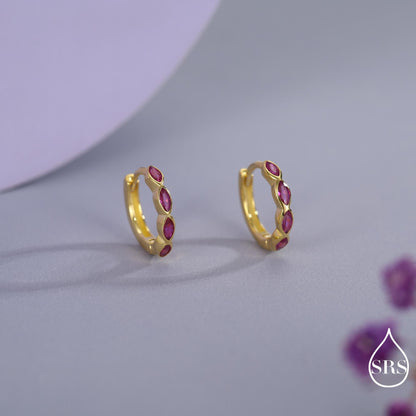 Ruby Pink Marquise CZ Huggie Hoop in Sterling Silver, Silver or Gold, Minimalist Simple Pink Hoop Earrings, Ruby Red