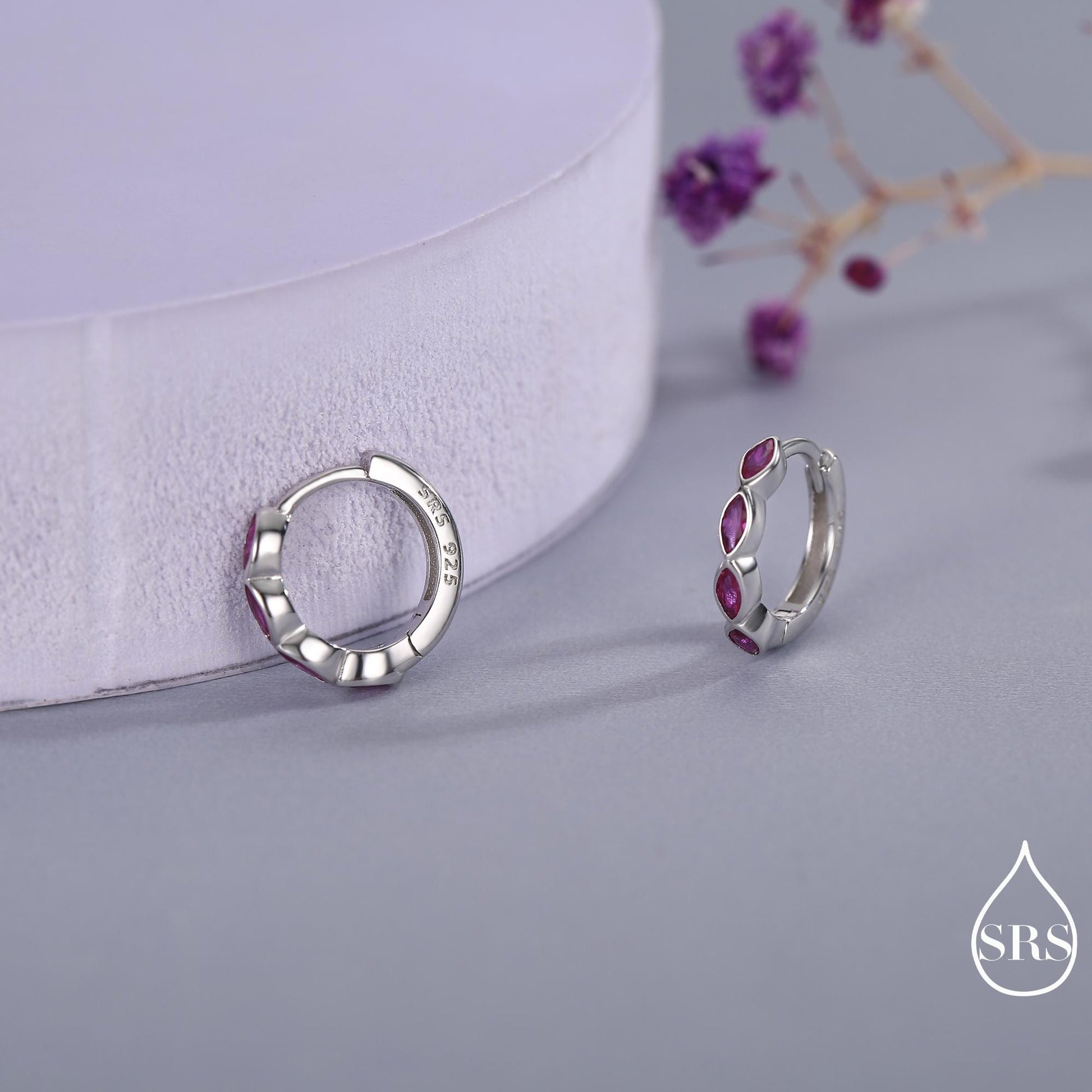 Ruby Pink Marquise CZ Huggie Hoop in Sterling Silver, Silver or Gold, Minimalist Simple Pink Hoop Earrings, Ruby Red