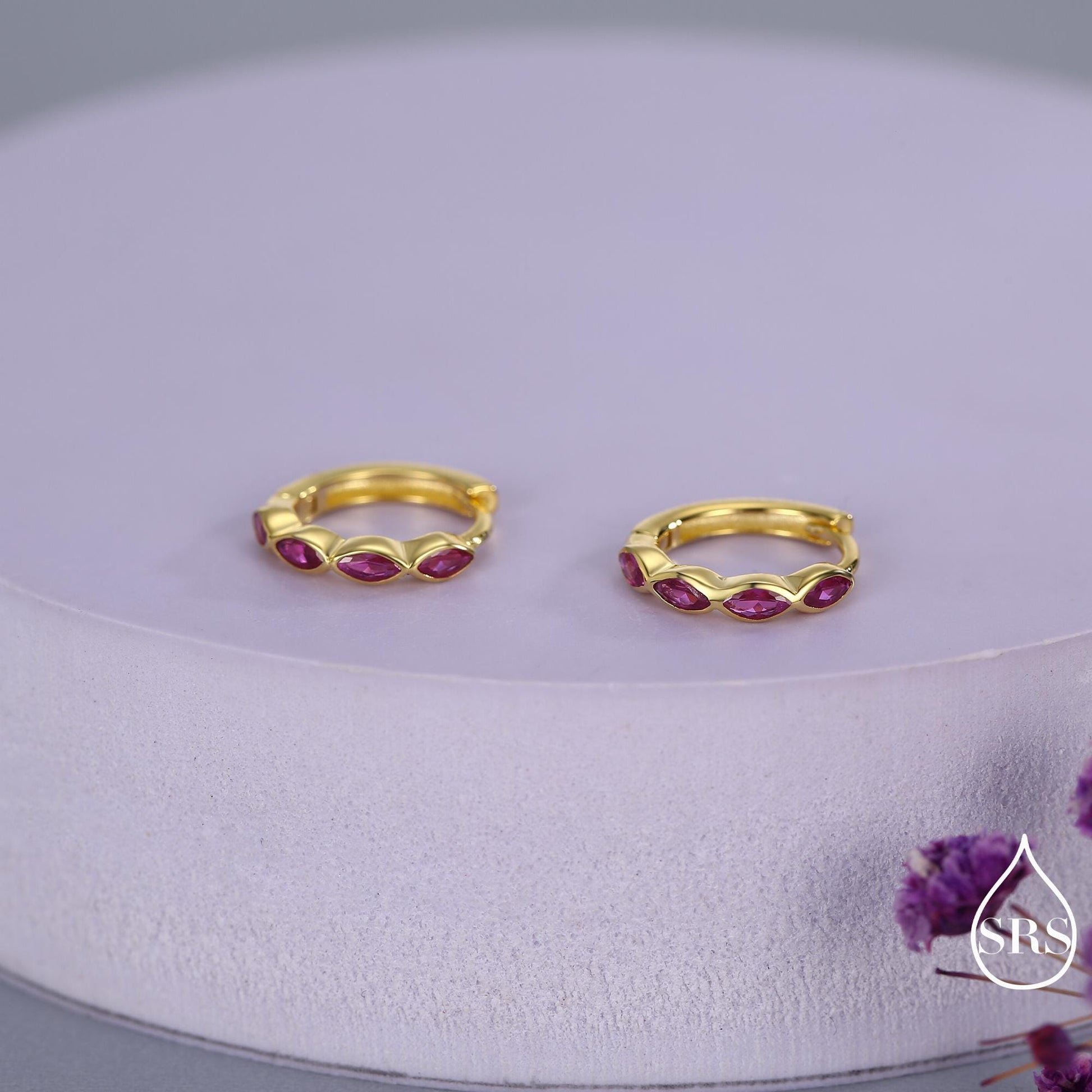 Ruby Pink Marquise CZ Huggie Hoop in Sterling Silver, Silver or Gold, Minimalist Simple Pink Hoop Earrings, Ruby Red