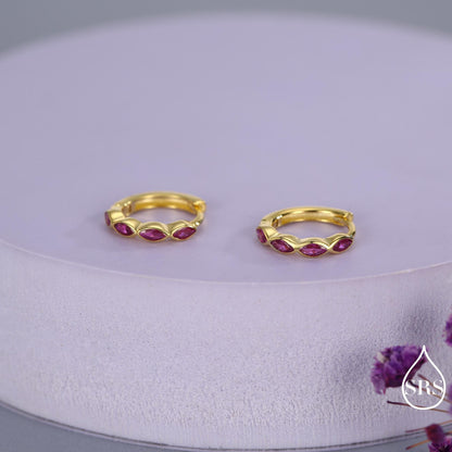 Ruby Pink Marquise CZ Huggie Hoop in Sterling Silver, Silver or Gold, Minimalist Simple Pink Hoop Earrings, Ruby Red