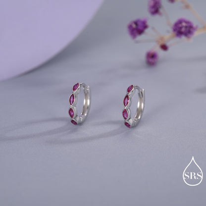 Ruby Pink Marquise CZ Huggie Hoop in Sterling Silver, Silver or Gold, Minimalist Simple Pink Hoop Earrings, Ruby Red