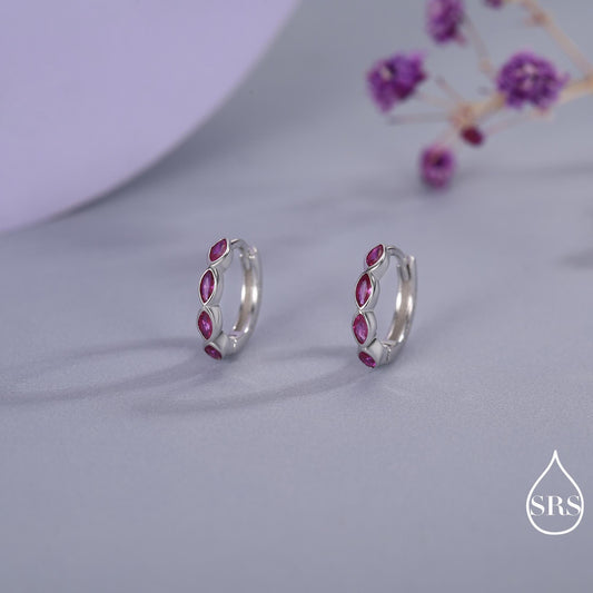 Ruby Pink Marquise CZ Huggie Hoop in Sterling Silver, Silver or Gold, Minimalist Simple Pink Hoop Earrings, Ruby Red