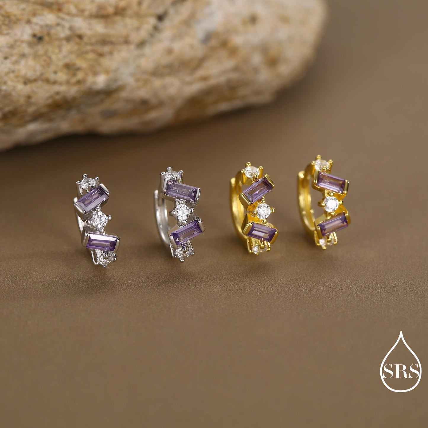 Amethyst Purple Baguette CZ Cluster Huggie Hoop in Sterling Silver, Silver or Gold, Irregular Shaped Cluster Hoops, Baguette Hoops