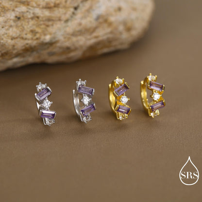 Amethyst Purple Baguette CZ Cluster Huggie Hoop in Sterling Silver, Silver or Gold, Irregular Shaped Cluster Hoops, Baguette Hoops