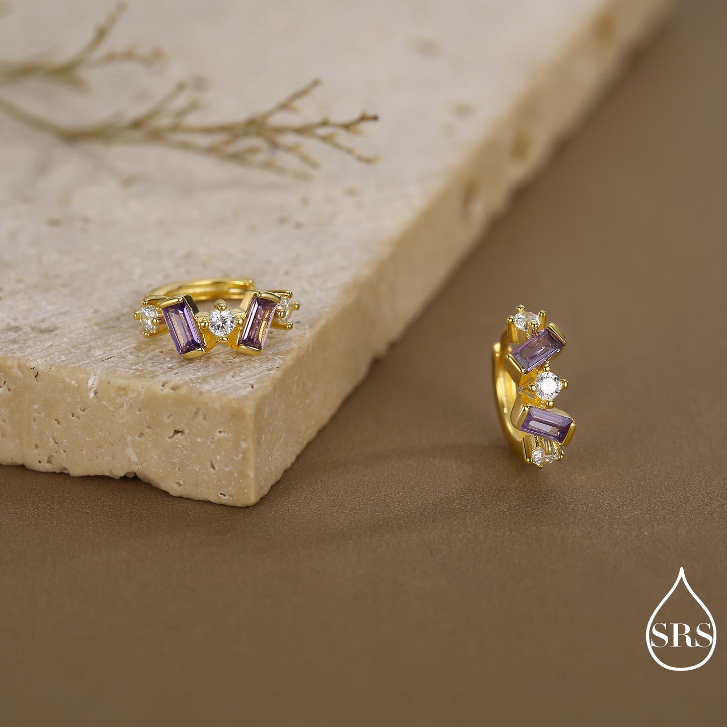 Amethyst Purple Baguette CZ Cluster Huggie Hoop in Sterling Silver, Silver or Gold, Irregular Shaped Cluster Hoops, Baguette Hoops