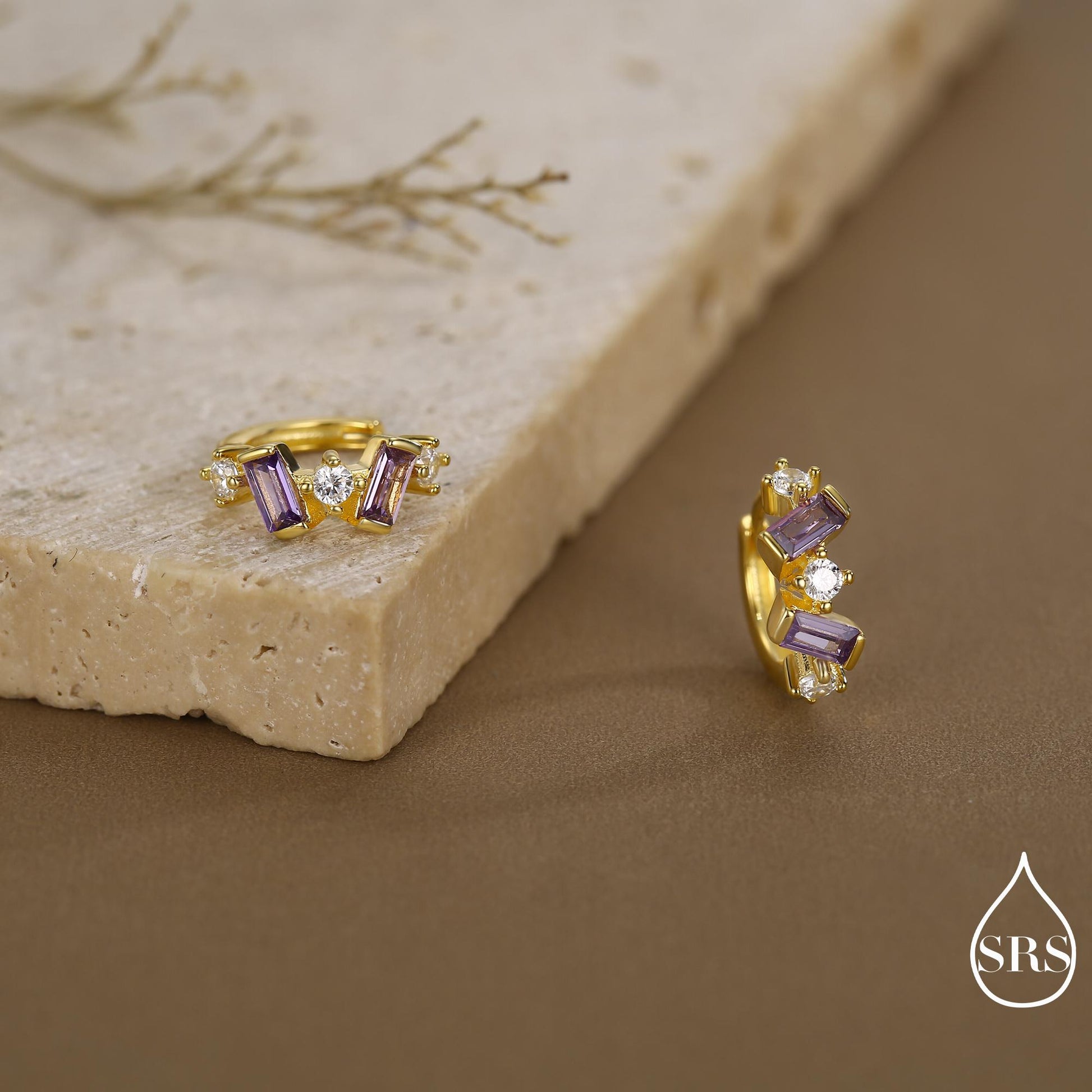 Amethyst Purple Baguette CZ Cluster Huggie Hoop in Sterling Silver, Silver or Gold, Irregular Shaped Cluster Hoops, Baguette Hoops