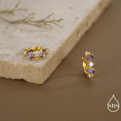 Amethyst Purple Baguette CZ Cluster Huggie Hoop in Sterling Silver, Silver or Gold, Irregular Shaped Cluster Hoops, Baguette Hoops