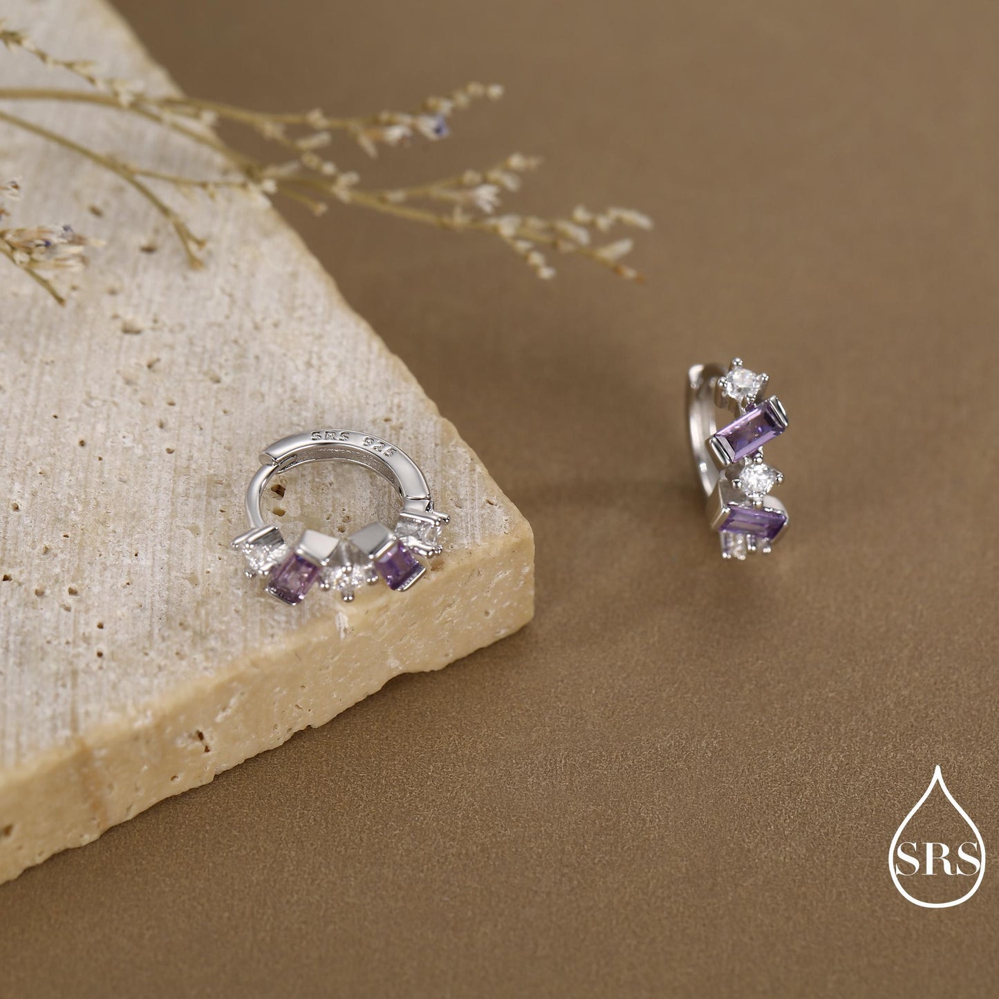 Amethyst Purple Baguette CZ Cluster Huggie Hoop in Sterling Silver, Silver or Gold, Irregular Shaped Cluster Hoops, Baguette Hoops