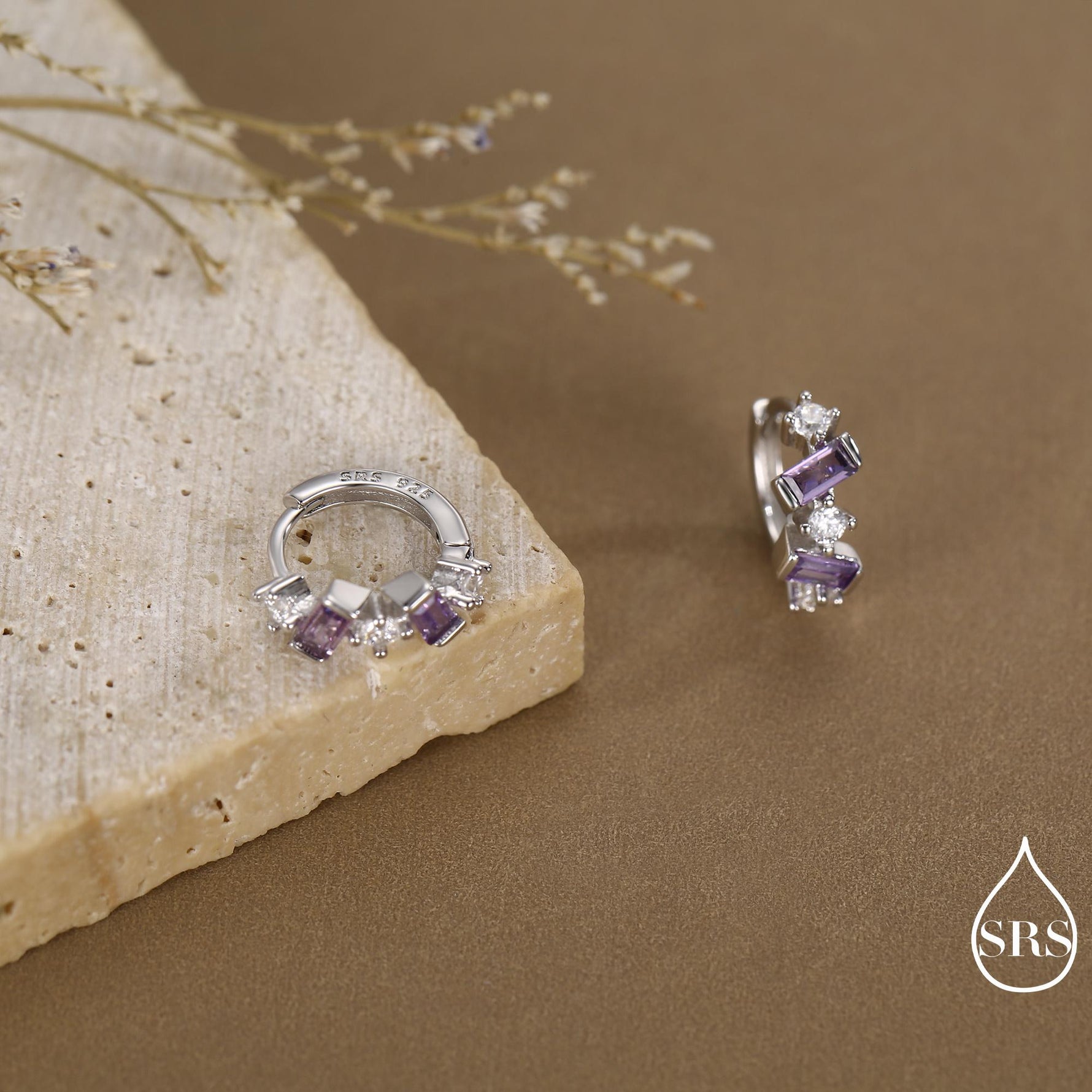 Amethyst Purple Baguette CZ Cluster Huggie Hoop in Sterling Silver, Silver or Gold, Irregular Shaped Cluster Hoops, Baguette Hoops