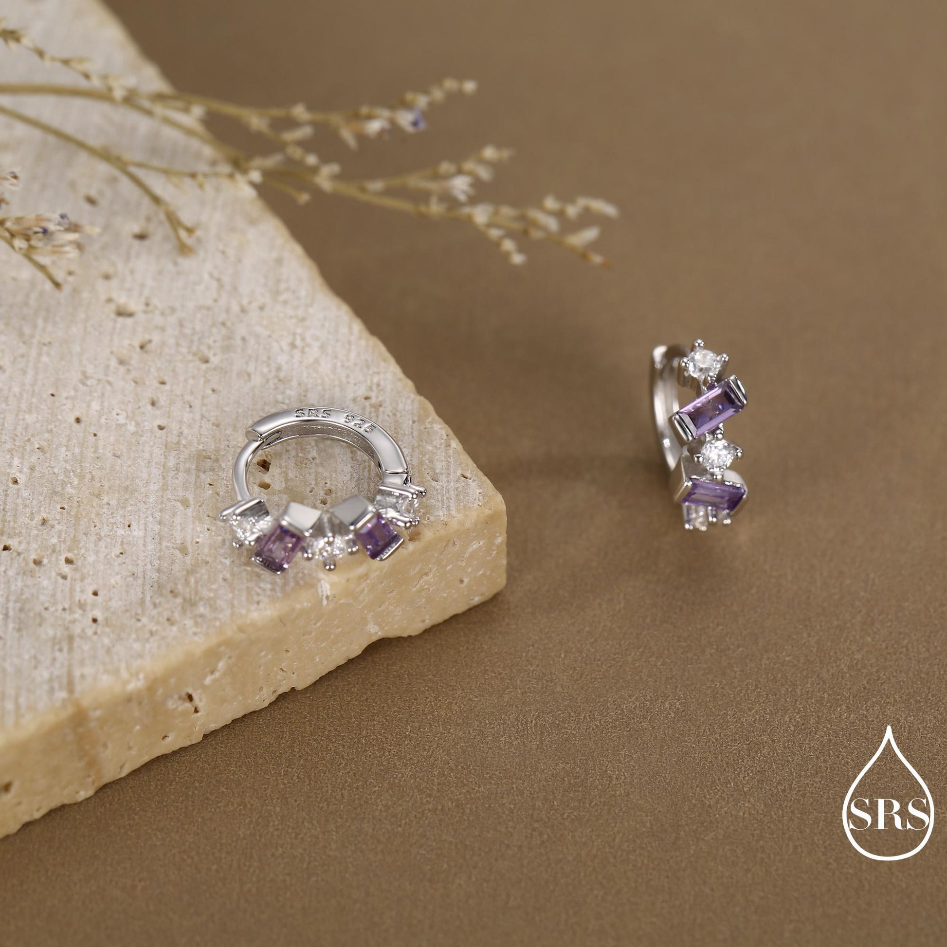 Amethyst Purple Baguette CZ Cluster Huggie Hoop in Sterling Silver, Silver or Gold, Irregular Shaped Cluster Hoops, Baguette Hoops