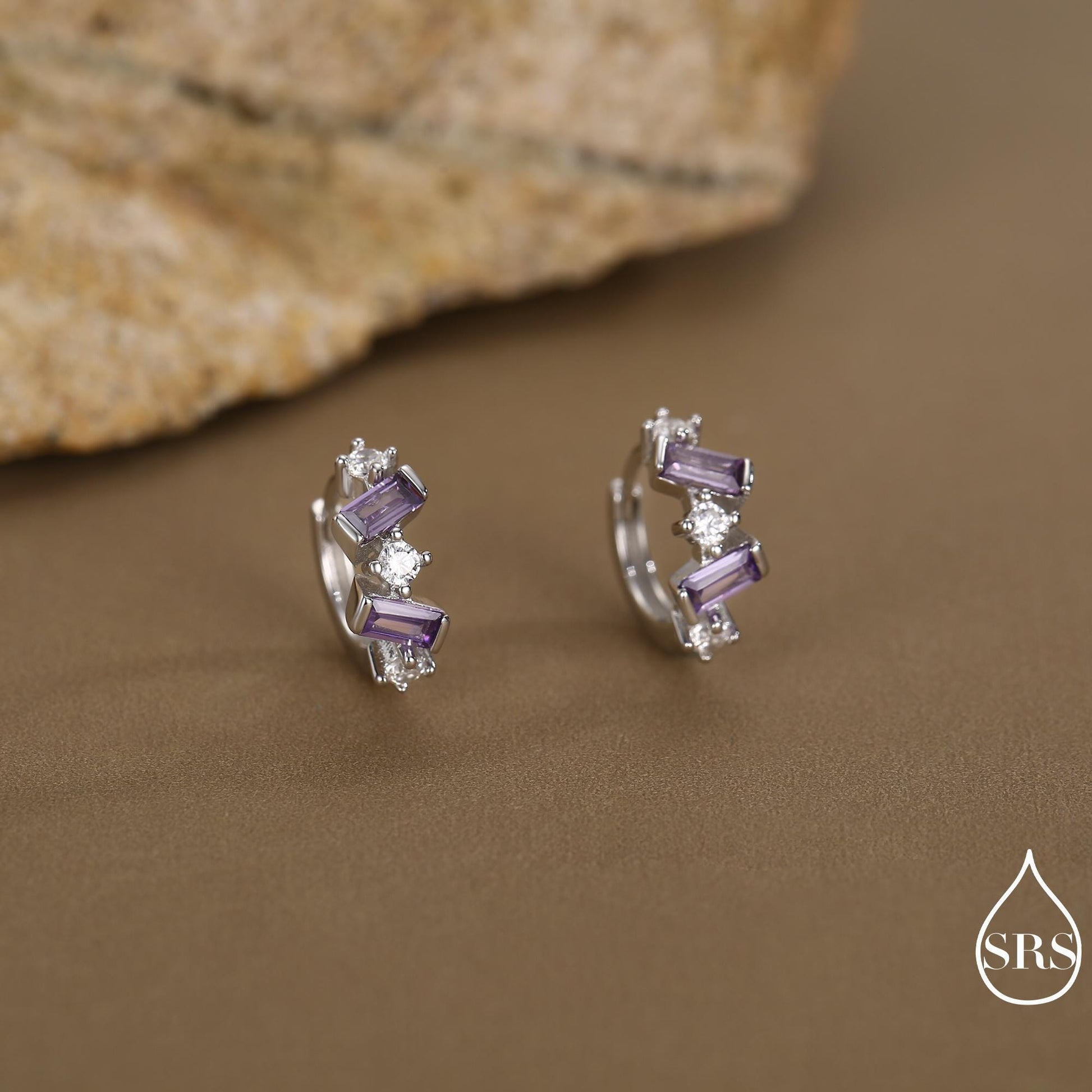 Amethyst Purple Baguette CZ Cluster Huggie Hoop in Sterling Silver, Silver or Gold, Irregular Shaped Cluster Hoops, Baguette Hoops