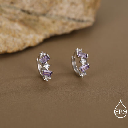 Amethyst Purple Baguette CZ Cluster Huggie Hoop in Sterling Silver, Silver or Gold, Irregular Shaped Cluster Hoops, Baguette Hoops