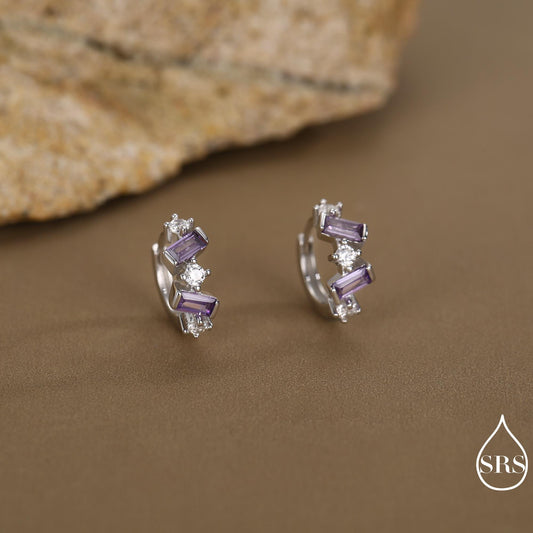 Amethyst Purple Baguette CZ Cluster Huggie Hoop in Sterling Silver, Silver or Gold, Irregular Shaped Cluster Hoops, Baguette Hoops