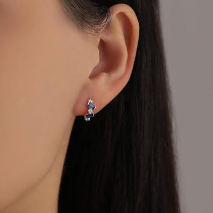 Sapphire Blue Baguette CZ Cluster Huggie Hoop in Sterling Silver, Silver or Gold, Irregular Shaped Cluster Hoops, Baguette Hoops