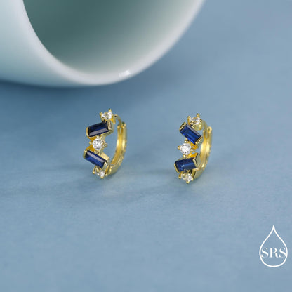 Sapphire Blue Baguette CZ Cluster Huggie Hoop in Sterling Silver, Silver or Gold, Irregular Shaped Cluster Hoops, Baguette Hoops
