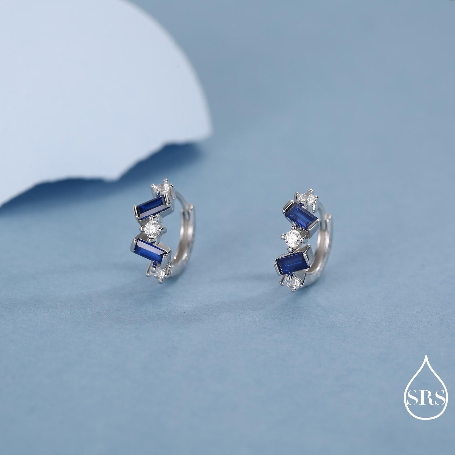 Sapphire Blue Baguette CZ Cluster Huggie Hoop in Sterling Silver, Silver or Gold, Irregular Shaped Cluster Hoops, Baguette Hoops