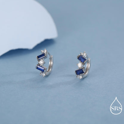 Sapphire Blue Baguette CZ Cluster Huggie Hoop in Sterling Silver, Silver or Gold, Irregular Shaped Cluster Hoops, Baguette Hoops