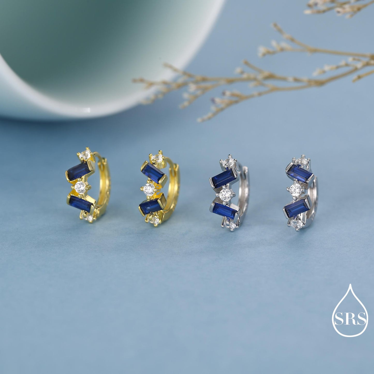 Sapphire Blue Baguette CZ Cluster Huggie Hoop in Sterling Silver, Silver or Gold, Irregular Shaped Cluster Hoops, Baguette Hoops