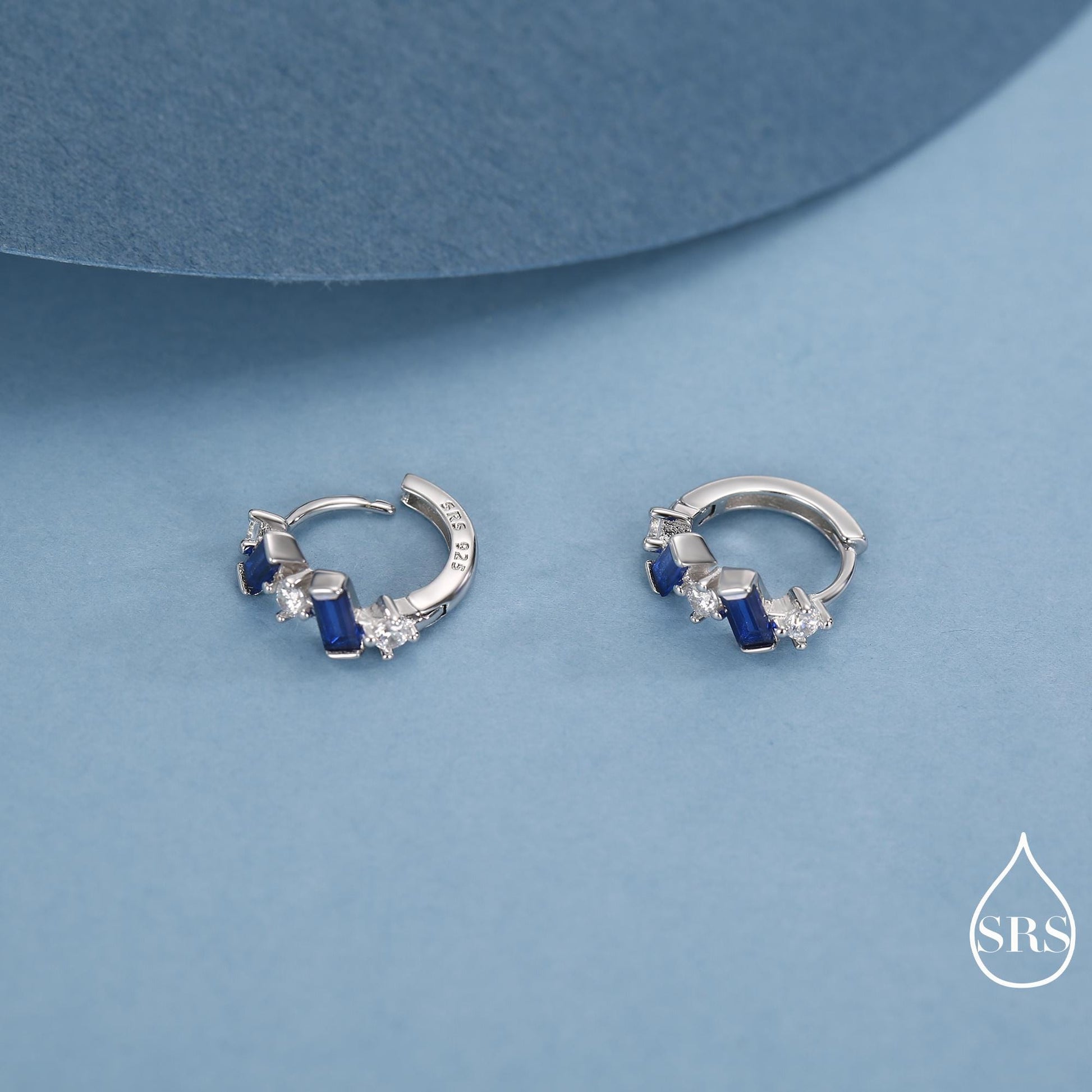 Sapphire Blue Baguette CZ Cluster Huggie Hoop in Sterling Silver, Silver or Gold, Irregular Shaped Cluster Hoops, Baguette Hoops