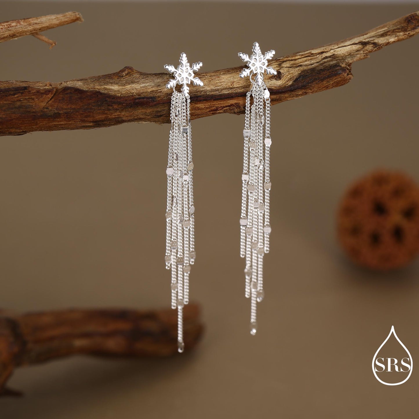 Snowflake Dangle Drop Stud Earrings in Sterling Silver with Sparkle Tassels, Silver or Gold or Rose Gold, Winter Statement Earrings