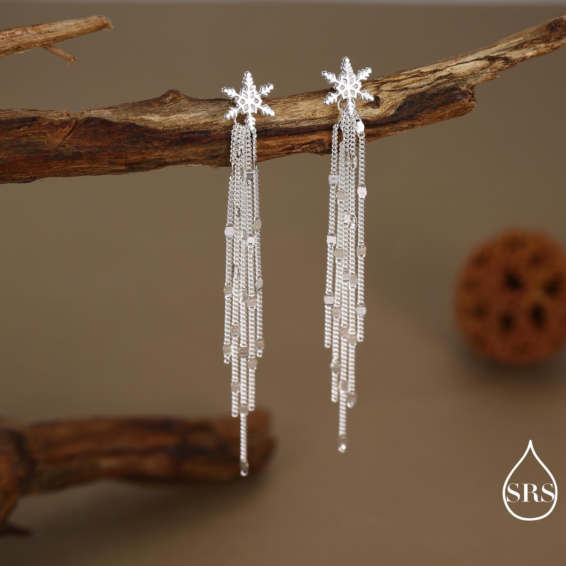 Snowflake Dangle Drop Stud Earrings in Sterling Silver with Sparkle Tassels, Silver or Gold or Rose Gold, Winter Statement Earrings