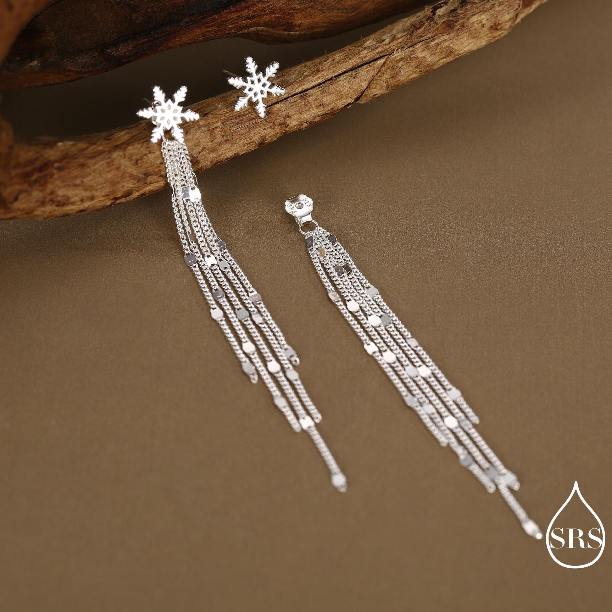 Snowflake Dangle Drop Stud Earrings in Sterling Silver with Sparkle Tassels, Silver or Gold or Rose Gold, Winter Statement Earrings
