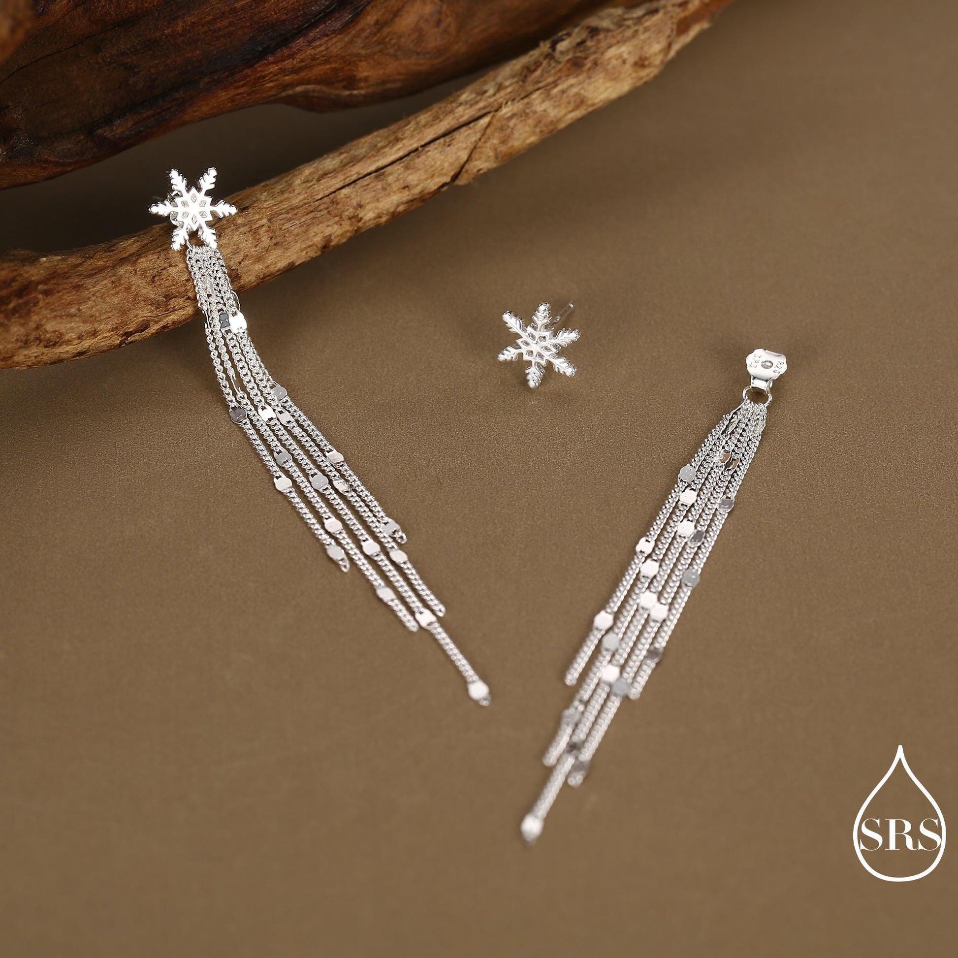 Snowflake Dangle Drop Stud Earrings in Sterling Silver with Sparkle Tassels, Silver or Gold or Rose Gold, Winter Statement Earrings