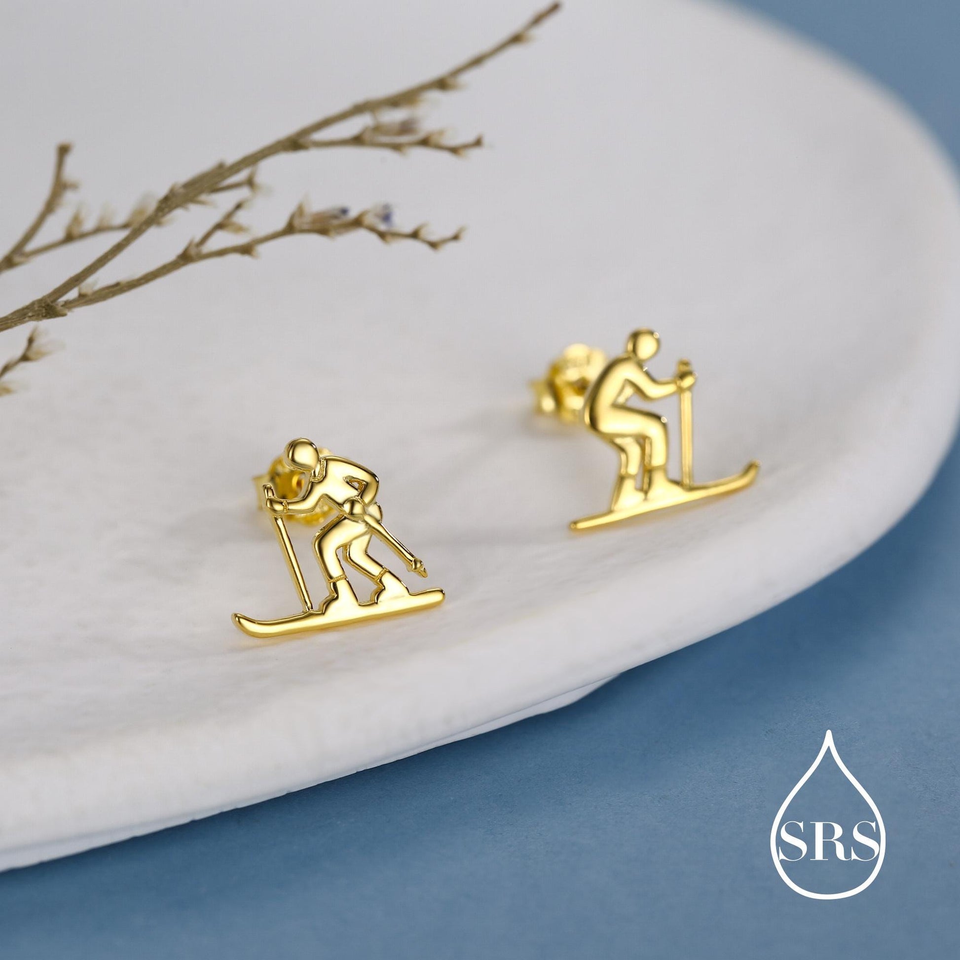 Sterling Silver Skiing Earrings, Also in Gold or Rose Gold Finish, Winter Sports Studs