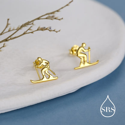 Sterling Silver Skiing Earrings, Also in Gold or Rose Gold Finish, Winter Sports Studs