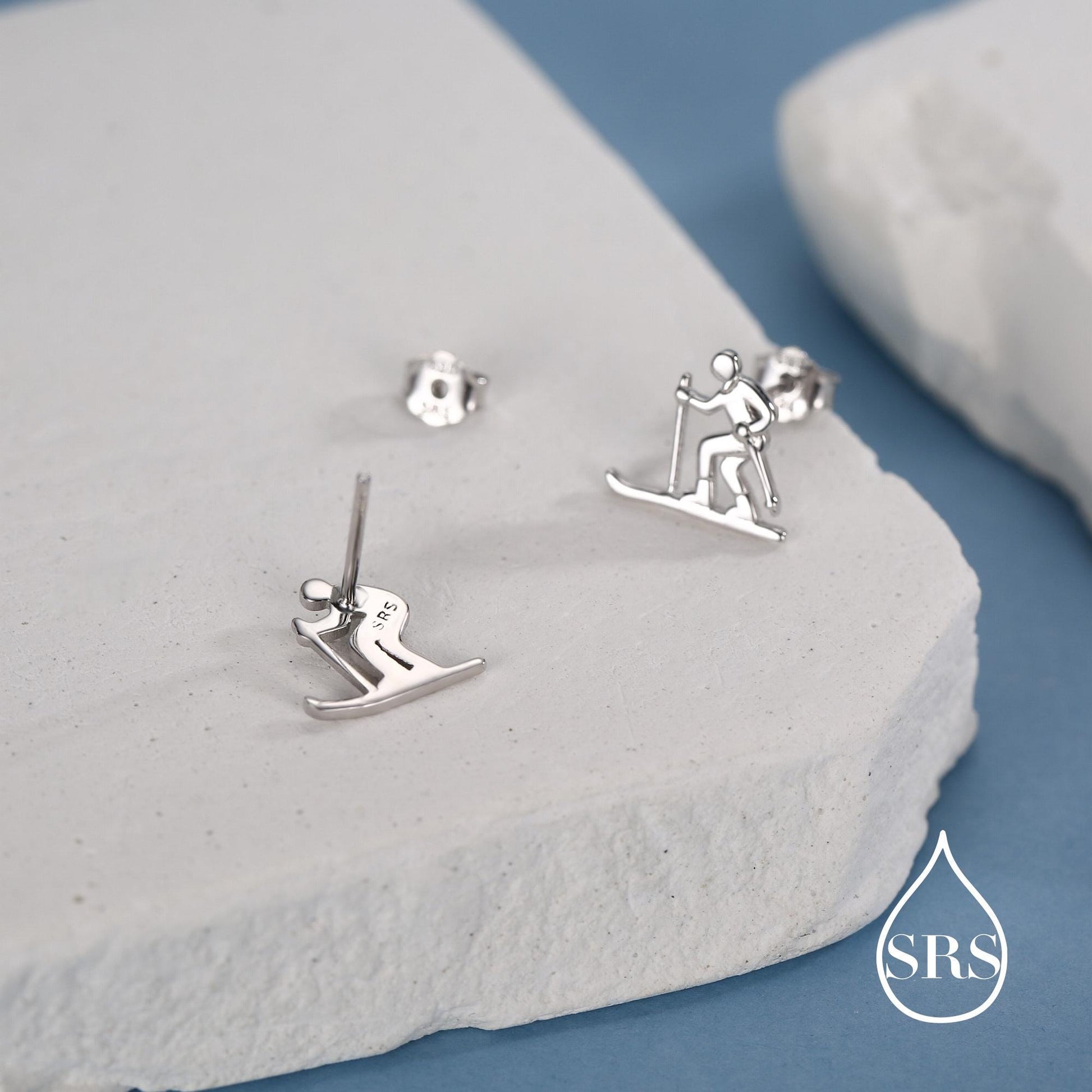 Sterling Silver Skiing Earrings, Also in Gold or Rose Gold Finish, Winter Sports Studs
