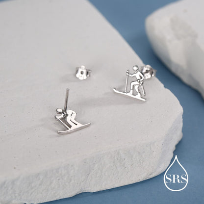 Sterling Silver Skiing Earrings, Also in Gold or Rose Gold Finish, Winter Sports Studs