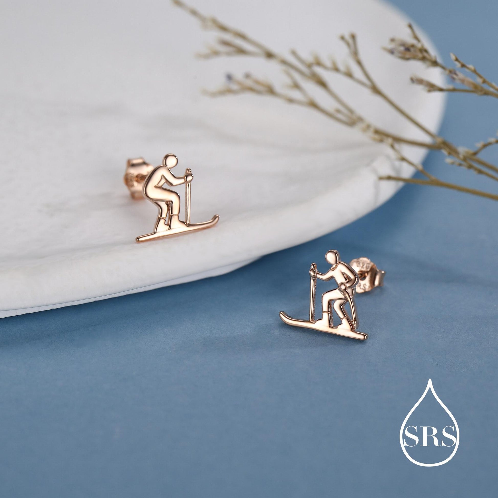 Sterling Silver Skiing Earrings, Also in Gold or Rose Gold Finish, Winter Sports Studs