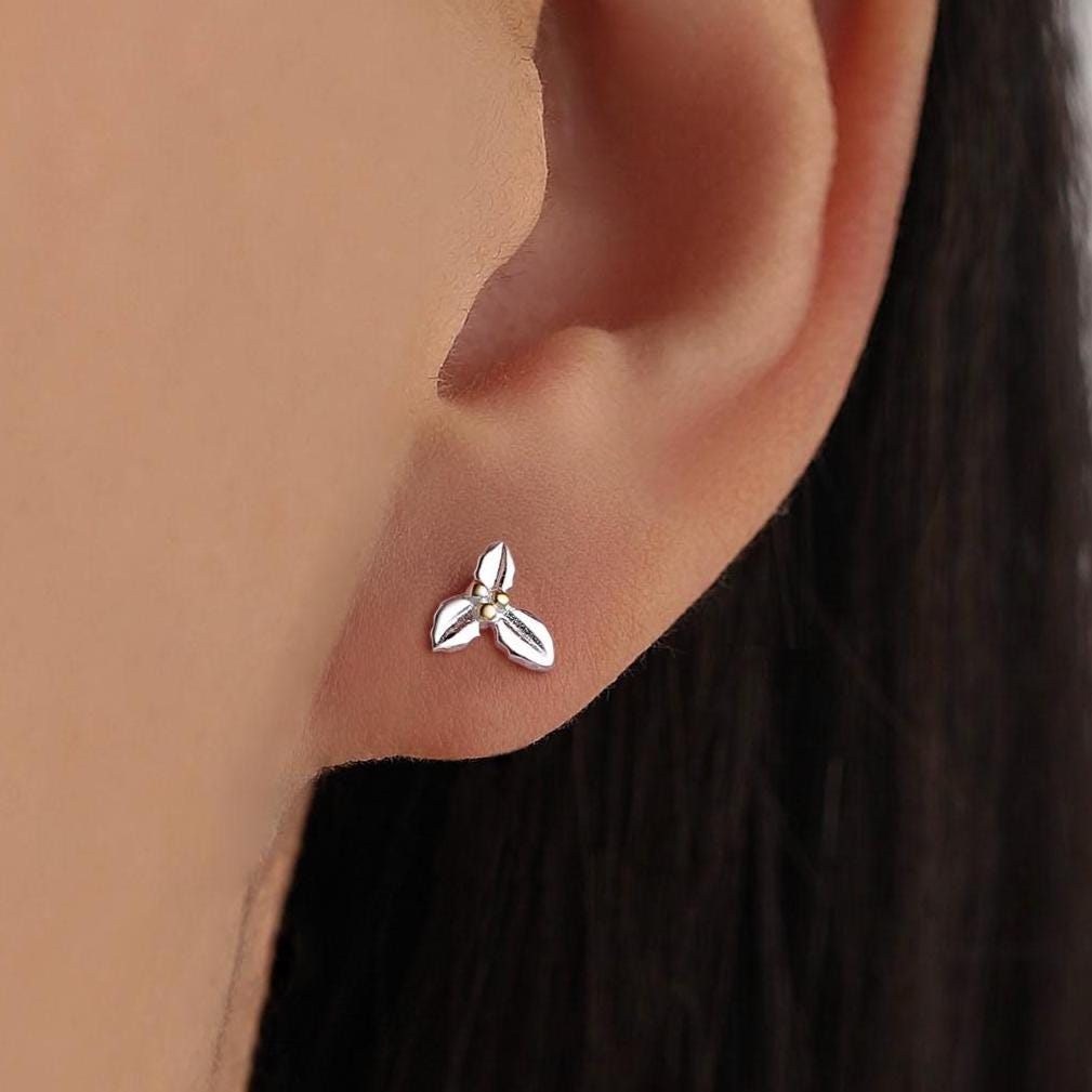 Mismatched Robin Bird and Holly Stud Earrings in Sterling Silver, Asymmetric Christmas Bird Earrings, Nature Inspired Earrings