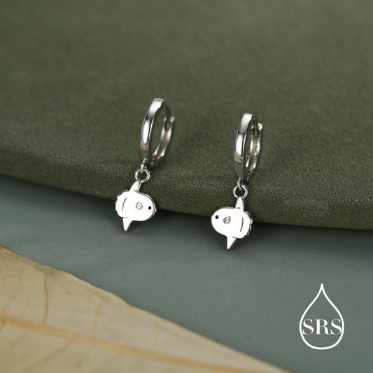 Ocean Sunfish Fish Huggie Hoop Earrings in Sterling Silver, Sun Fish Earrings, Mola Mola Earrings, Nature Inspired Animal Earrings