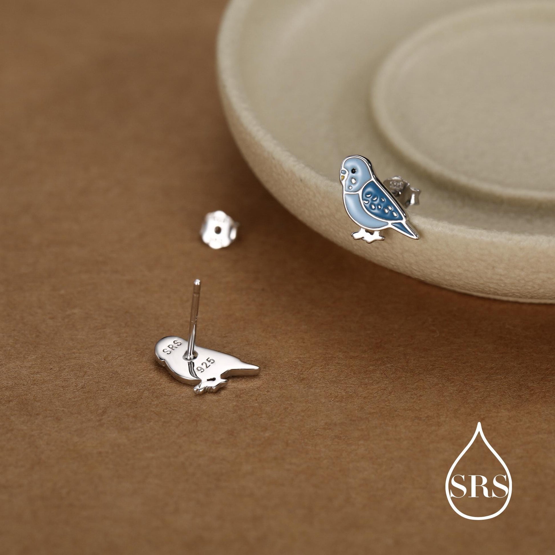 Sterling Silver Mismatched Enamel Budgie Stud Earring, Asymmetric Pair Green and Blue Pet parakeets Earrings, Nature-Inspired Animal Earring