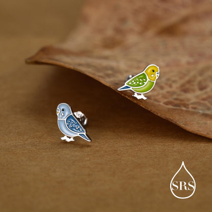 Sterling Silver Mismatched Enamel Budgie Stud Earring, Asymmetric Pair Green and Blue Pet parakeets Earrings, Nature-Inspired Animal Earring