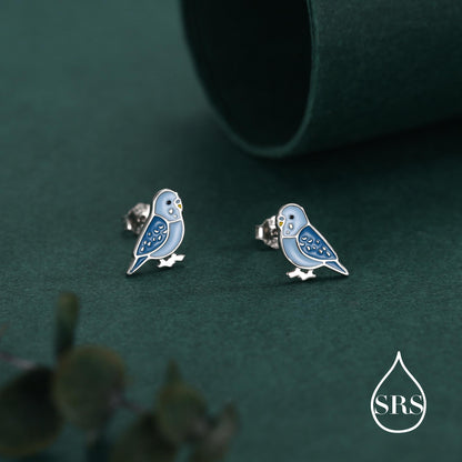 Sterling Silver Blue Enamel Budgie Stud Earring, Blue Pet parakeets Earrings, Nature-Inspired Bird Earring, Parrot Earrings