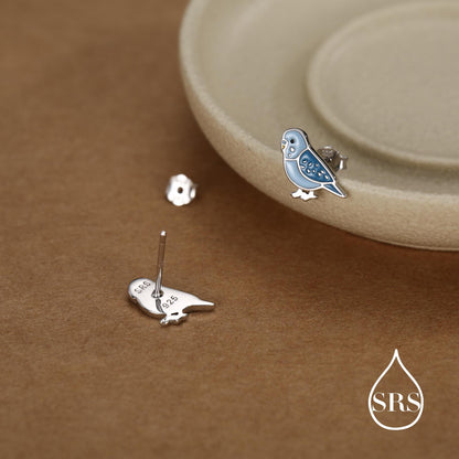 Sterling Silver Blue Enamel Budgie Stud Earring, Blue Pet parakeets Earrings, Nature-Inspired Animal Earring, Parrot Earrings