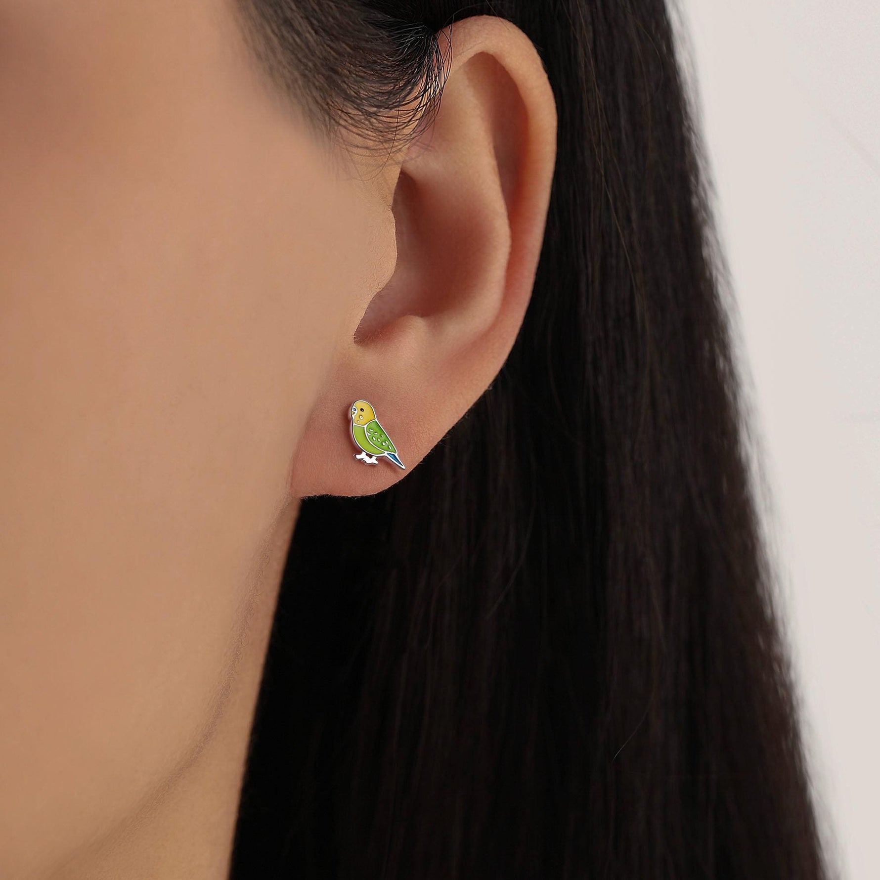 Sterling Silver Green Enamel Budgie Stud Earring, Pet parakeets Earrings, Nature-Inspired Animal Earring, Parrot Earrings