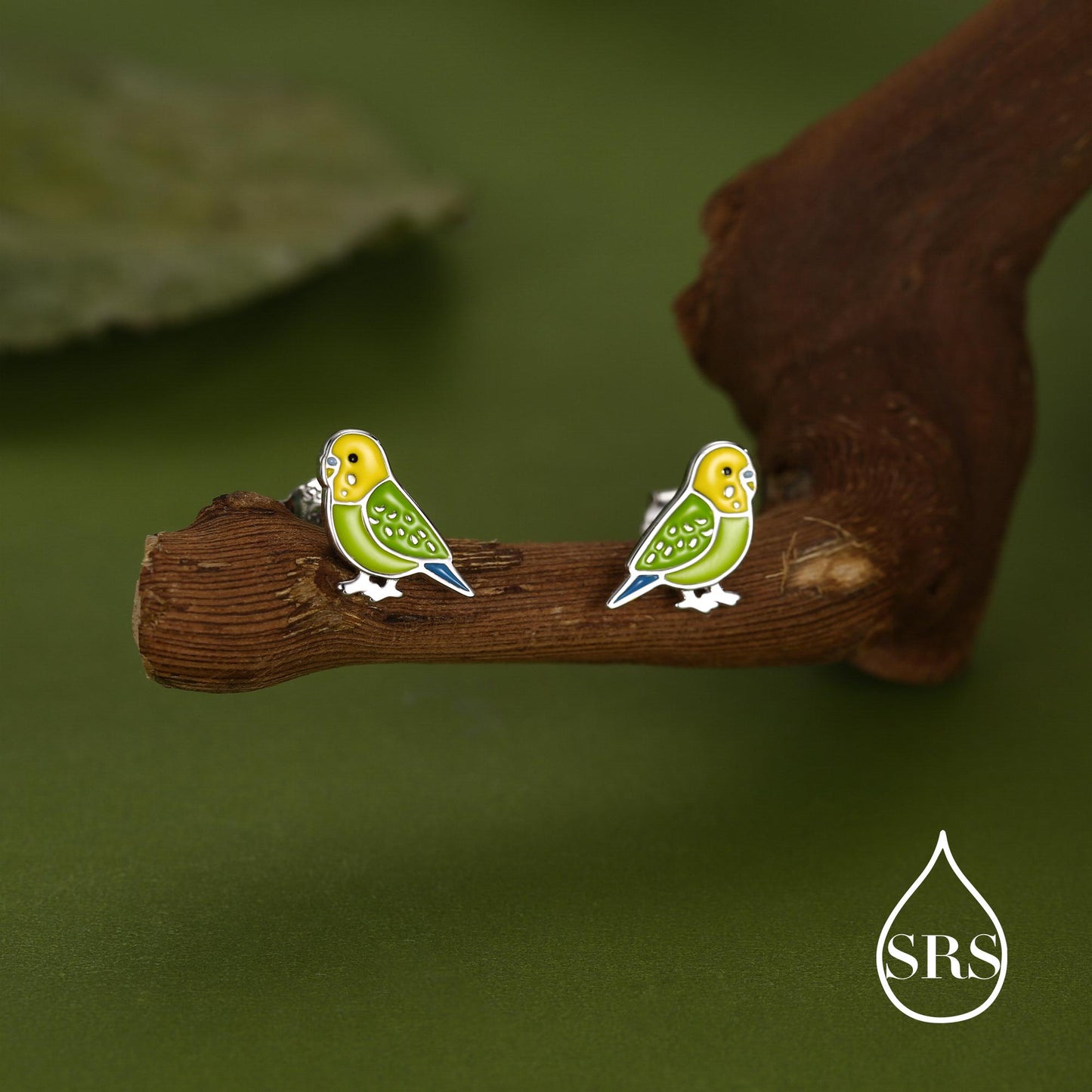 Sterling Silver Green Enamel Budgie Stud Earring, Pet parakeets Earrings, Nature-Inspired Animal Earring, Parrot Earrings
